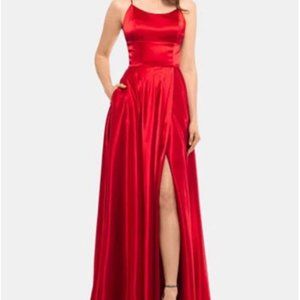Betsy & Adam High/Low Prom Dress - Red Satin
